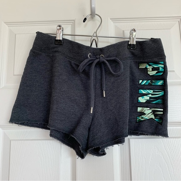 PINK Victoria's Secret Pants - Grey Drawstring Fleece Terry Shorts with Green Palm Print Logo Graphic